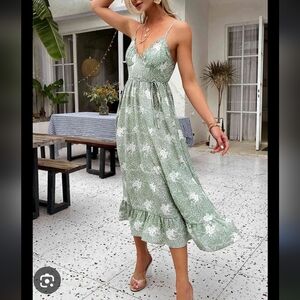Celestial Boho Coquette Maxi Dress  Sage Green Floral Ruffle Hem See The Shade L